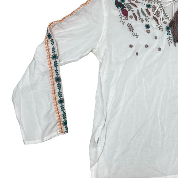 Raj Womens Blouse Embroidered Bohemian Tasseled Long Sleeve Top XL White Floral - Picture 6 of 10